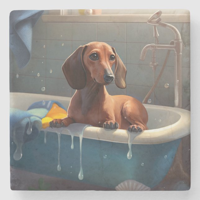 Porta-copo De Pedra Dachshund Bathtime (Frente)