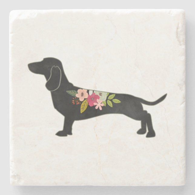 Porta-copo De Pedra Dachshund Bohemian Floral Silhouette (Frente)