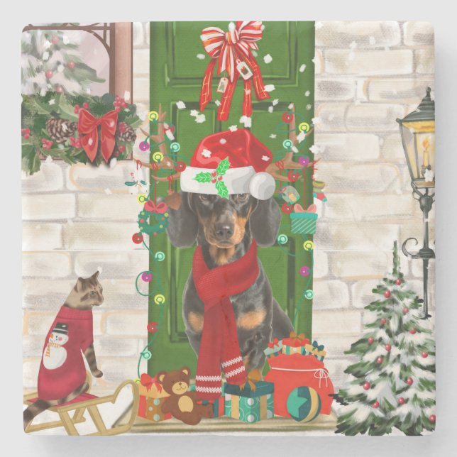Porta-copo De Pedra Dachshund Dog Christmas (Frente)