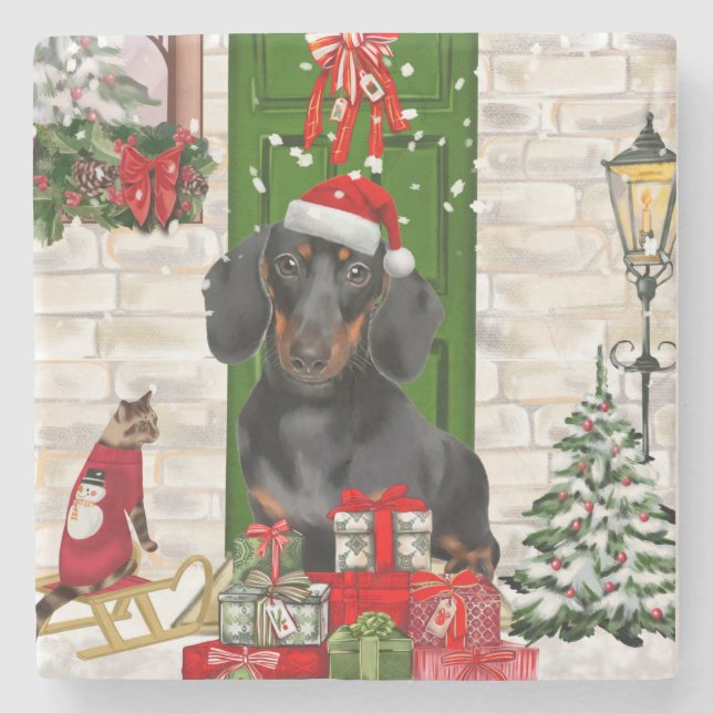 Porta-copo De Pedra Dachshund Dog Christmas (Frente)