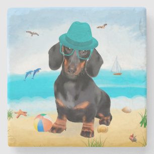 Porta-copo De Pedra Dachshund Dog em Beach