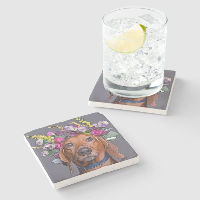 Porta-copo De Pedra Dachshund Fechar As Flores De Dachshund Vestindo (Lateral)
