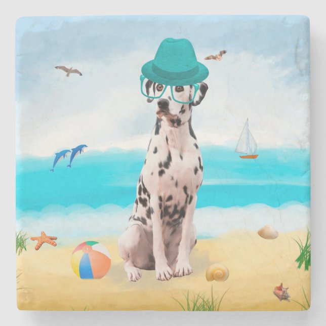 Porta-copo De Pedra Dalmation Dog on Beach (Frente)