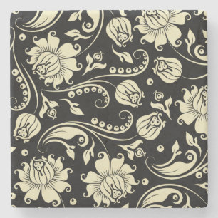 Porta-copo De Pedra Damascos Florais Pretos E De Creme