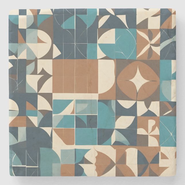 Porta-copo De Pedra Dark Blue, Teal, Brown, and Tan Geometric Pattern (Frente)