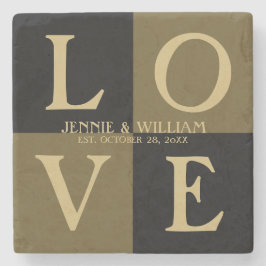 Porta-copo De Pedra Data de Casamento Quadrados Preto e Dourado LOVE
