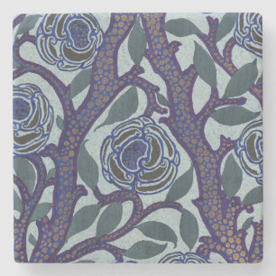 Porta-copo De Pedra Decoração Floral Rosa Art Déco Azul Real e Dourado