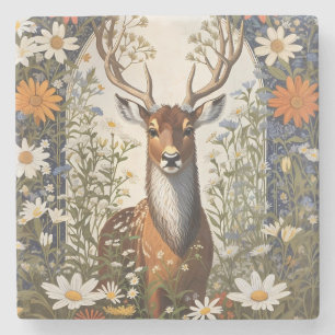 Porta-copo De Pedra Deer Amid Daisy Flowers