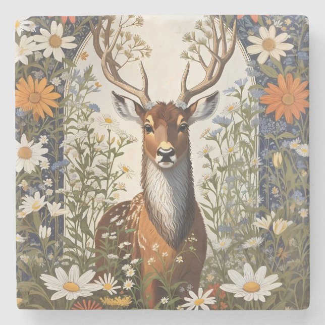 Porta-copo De Pedra Deer Amid Daisy Flowers (Frente)