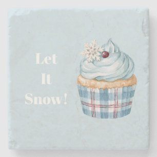 Porta-copo De Pedra Deixe Nevar Cupcake Azul Floco de Neve Natal