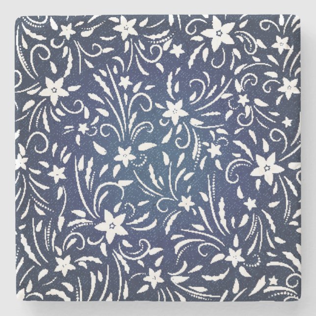 Porta-copo De Pedra Denim Blooms: Padrão Floral Fundo (Frente)