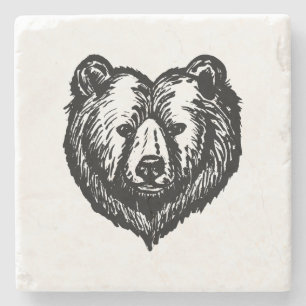 Porta-copo De Pedra Desenho a Tinta da Cara de Urso Preto e Branco
