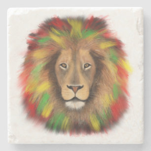 Porta-copo De Pedra Desenho da cabeça de leão Rasta vermelho amarelo v