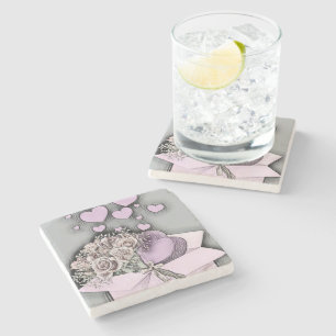 Porta-copo De Pedra Desenho da Vintage de Corações e Rosas Rosa em Cai