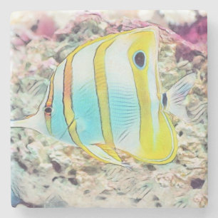 Porta-copo De Pedra Desenho da Vintagem de Peixes Amarelos Azuis no Ma