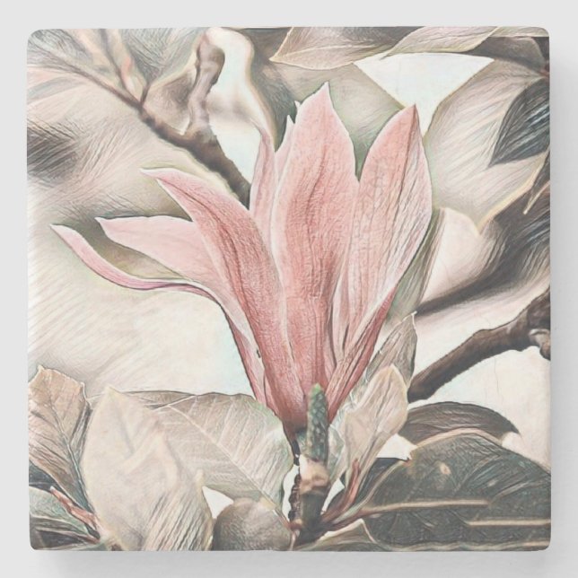Porta-copo De Pedra Desenho de uma ramificação de magnólia rosa (Frente)