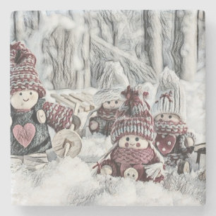 Porta-copo De Pedra Desenho Vintage de Gnomos na Neve