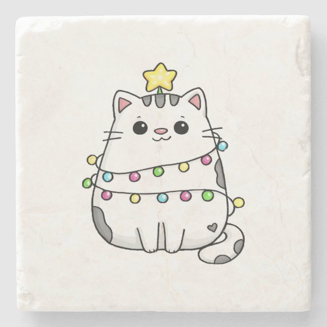 Porta-copo De Pedra design de Natal de gato fofo  (Frente)