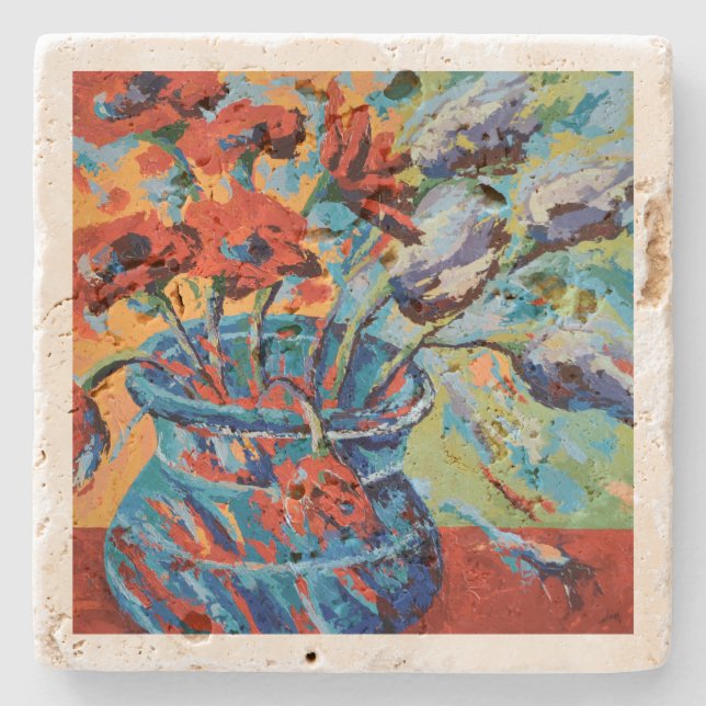 Porta-copo De Pedra Dessous-de-verre En Pierre  - Pavots et lilas (Frente)