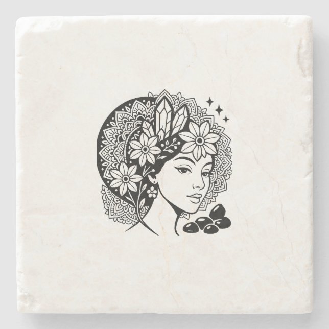 Porta-copo De Pedra Divina Feminina Mandala Art Floral Crystal Deusa (Frente)