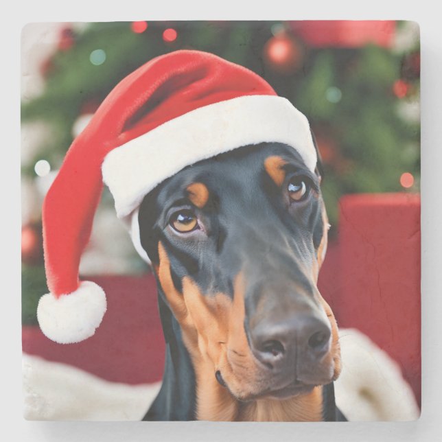 Porta-copo De Pedra Doberman Christmas (Frente)