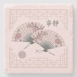 Porta-copo De Pedra Dois fãs florais asiáticos cor-de-rosa "Serenity",