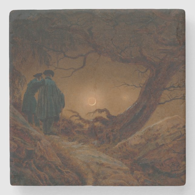 Porta-copo De Pedra Dois Homens Assistindo à Lua à Noite (Frente)