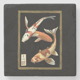 Porta-copo De Pedra Dois japoneses, Koi Goldfish, em preto