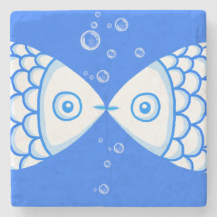 Porta-copo De Pedra Dois Peixes de peixe Padrão de Abstrato branco azu