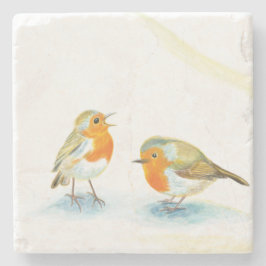 Porta-copo De Pedra Dois Robins vermelhos no inverno