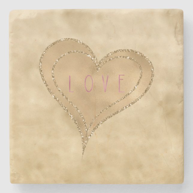 Porta-copo De Pedra Dourada Glitzy Glitter Love Heart (Frente)