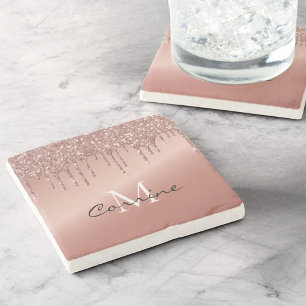 Porta-copo De Pedra Dourado Rosa Brilhante Glitter Monograma Nome Metá