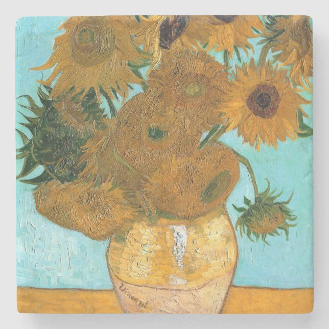 Porta-copo De Pedra Doze girassóis em um vaso (pintura em vida estátic (Frente)