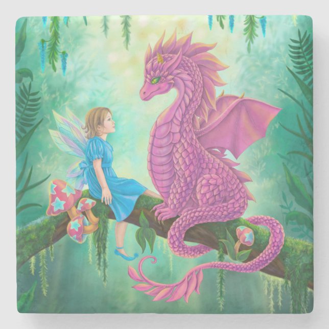 Porta-copo De Pedra Dragão rosa e fada (Frente)