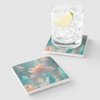 Porta-copo De Pedra Dreamy Pink Lotus and Butterfly in Aqua Water