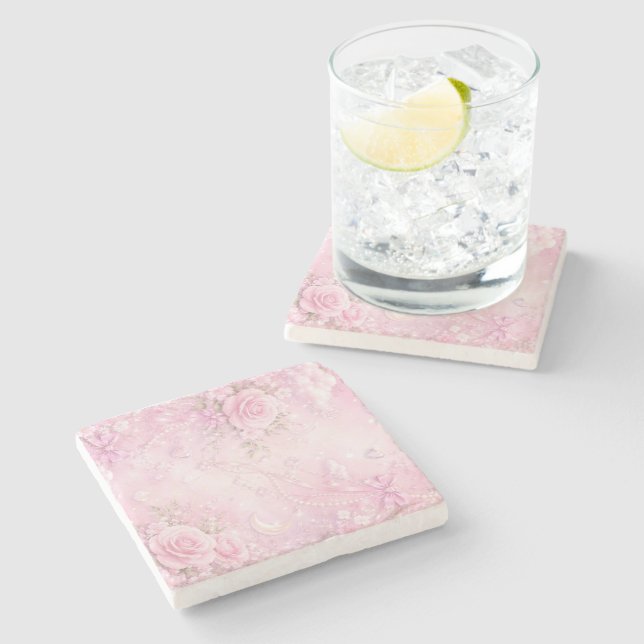 Porta-copo De Pedra Dreamy Pink Rose Floral Pearls Bows Sparkles (Lateral)