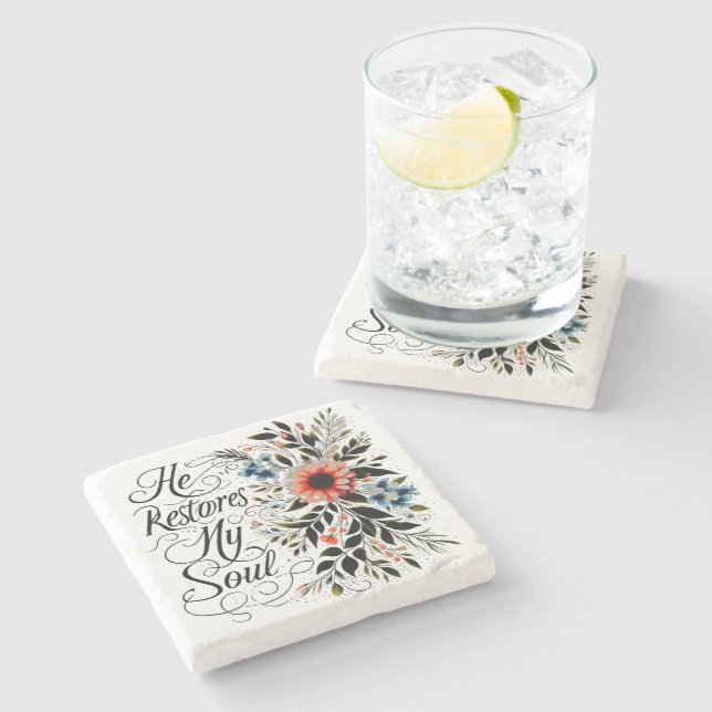 Porta-copo De Pedra Ele restaura minha alma floral (Lateral)