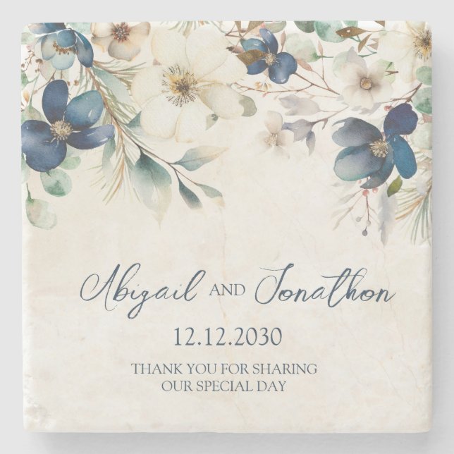 Porta-copo De Pedra Elegant Blue Floral Winter Wedding (Frente)