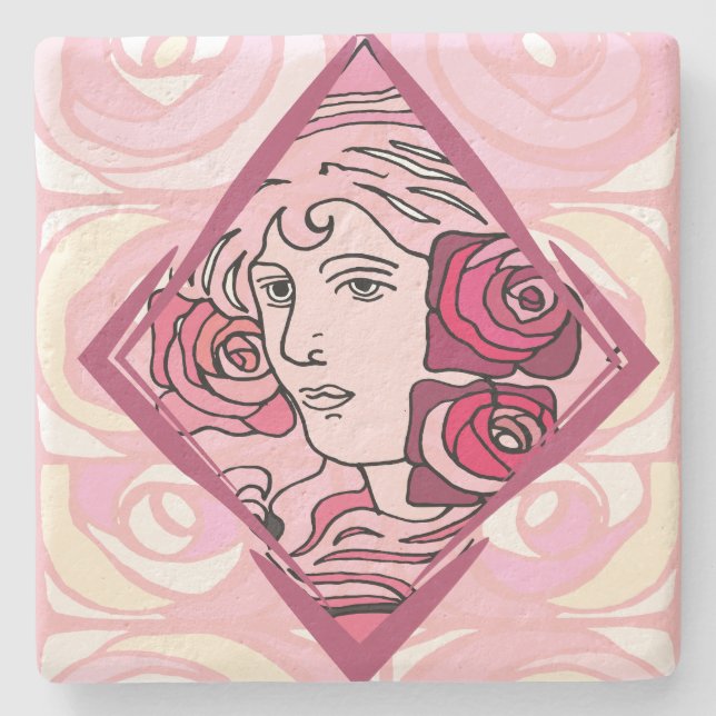 Porta-copo De Pedra Elegante Art Nouveau Rosa Mulher (Frente)
