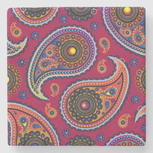 Porta-copo De Pedra Elegante Burgundy Paisley e Mandala Pattern