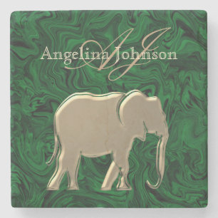Porta-copo De Pedra Elegante Elefante Dourado em Mármore Verde Monogra