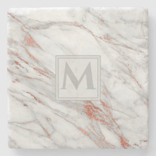 Porta-copo De Pedra Elegante Monograma de Mármore Branco Cobre Dourado