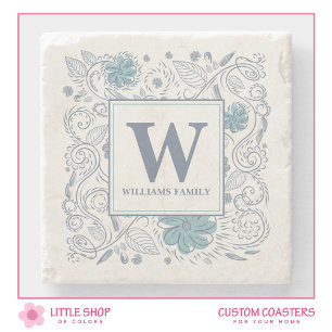 Porta-copo De Pedra Elegante Monograma Floral Cinza Azul