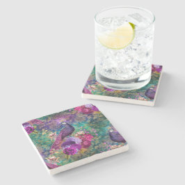 Porta-copo De Pedra Elegante Pavão Floral Roxo Turquesa