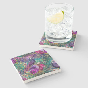 Porta-copo De Pedra Elegante Pavão Floral Roxo Turquesa