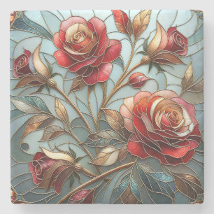Porta-copo De Pedra Elegante Rosa Vermelha Vidro Pintado Floral Acento
