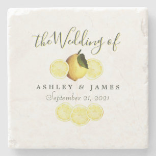 Porta-copo De Pedra Elegante Script Watercolor Lemon Wedding Limoncell
