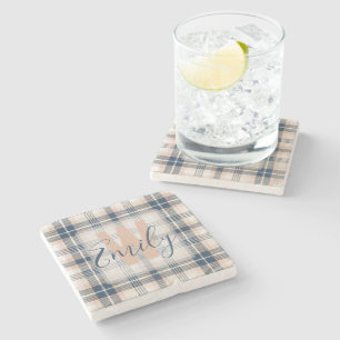 Porta-copo De Pedra Elegante Tartan Blue Cream Monograma