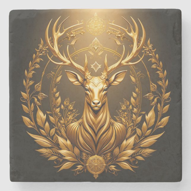 Porta-copo De Pedra Emblema de Veado Dourado (Frente)