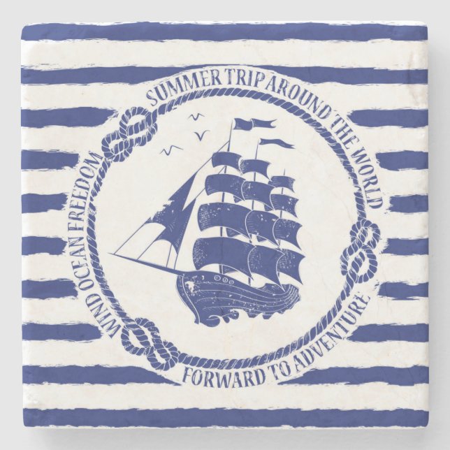 Porta-copo De Pedra Emblema náutico com navio de navigação (Frente)